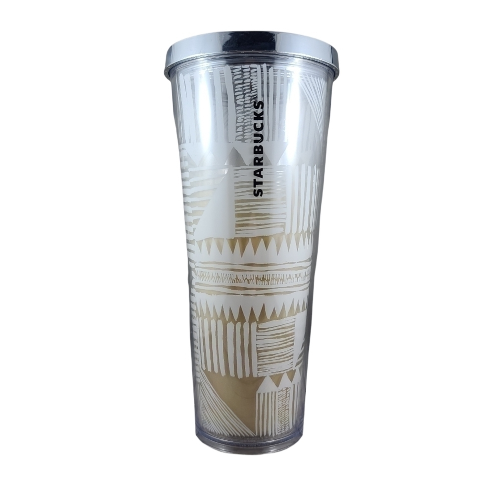 Starbucks Coffee 2014 Gold White Chrome Silver Lid 24 oz Venti Acrylic Tumbler